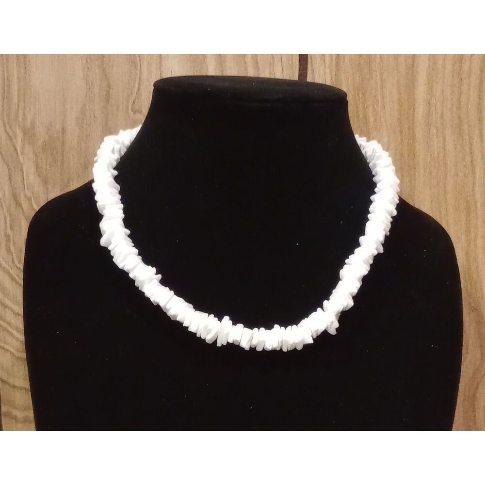 White Shell Chip Beaded Silver Tone 18" Barrel Clasp Necklace